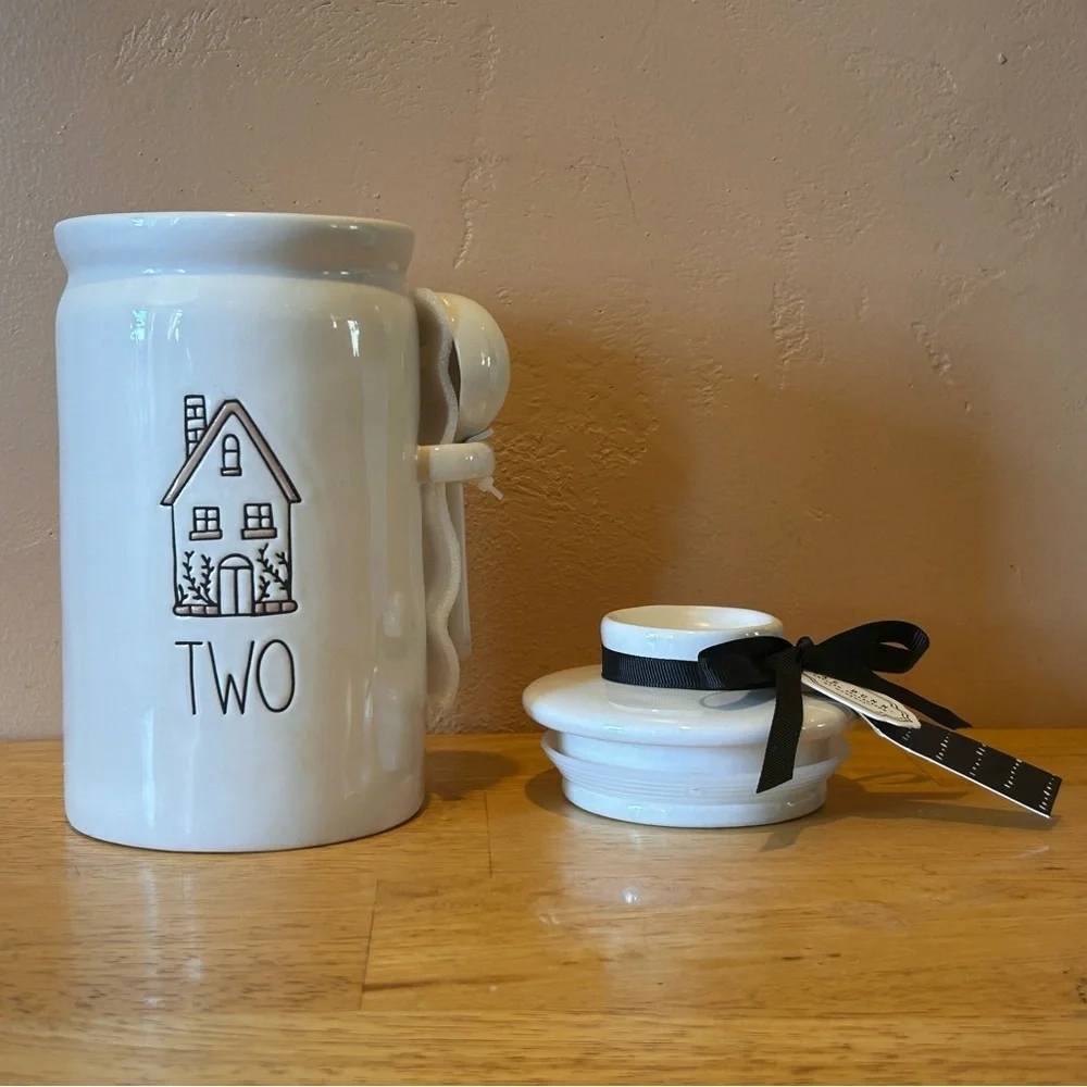 NWTS Rae Dunn “TWO” Gingerbread House Ceramic Kitchen Canister With Spoon.